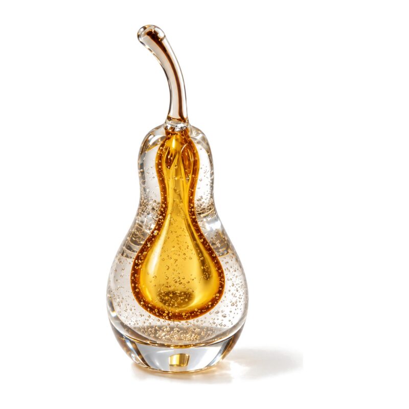 Szklana figurka owocu z pęcherzykami, gruszka 24 cm lub jabłko 14 cm - bursztynowa gruszka ze szkła, ujęcie z boku, białe tło