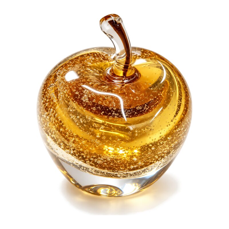 Szklana figurka owocu z pęcherzykami, gruszka 24 cm lub jabłko 14 cm - bursztynowa gruszka frontalnie, białe tło