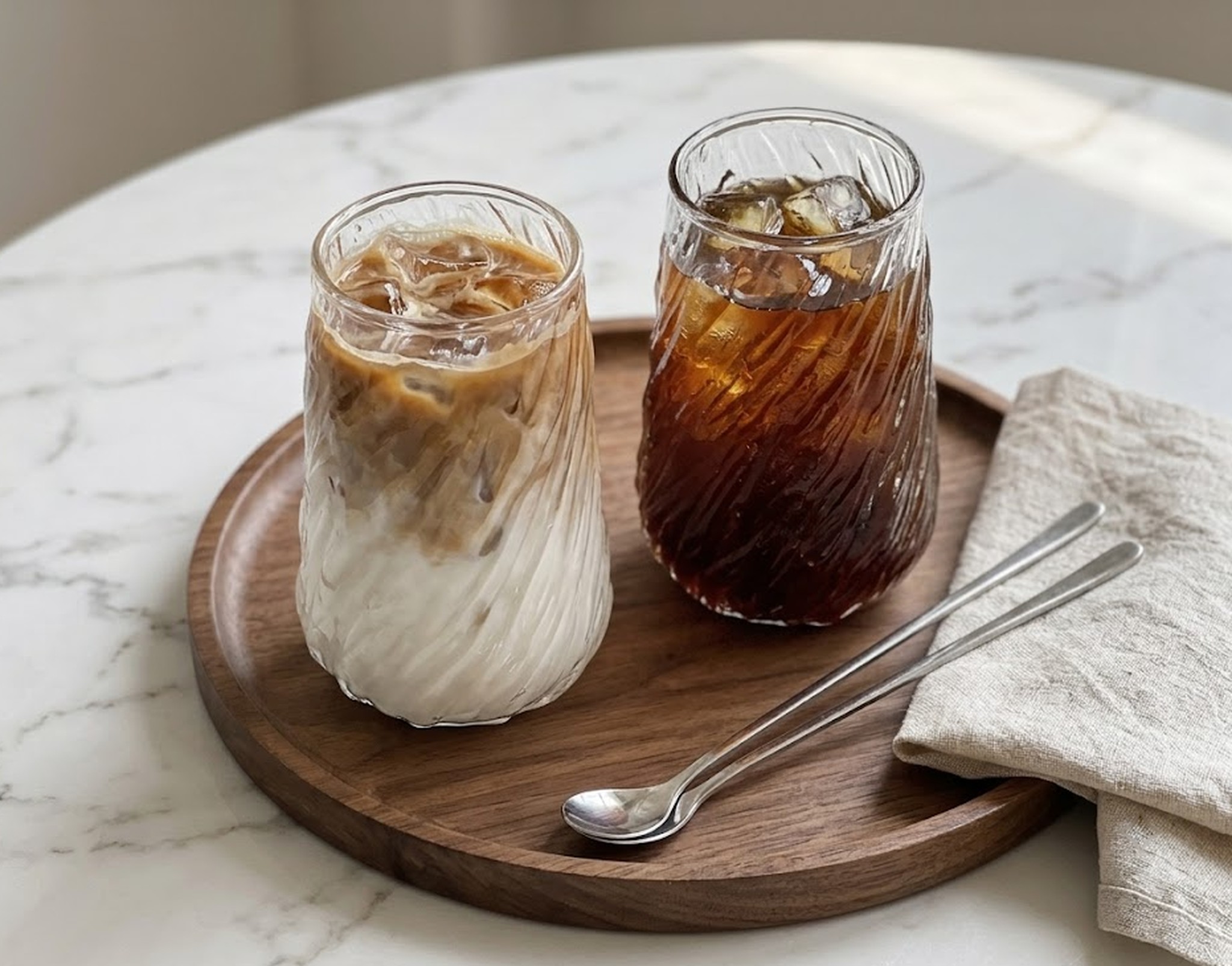 para szklanek z latte i czarną kawą na drewnianej tacy, bez napisów
