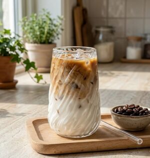 Szklanka do kawy mrożonej 400 ml, skośne żłobienia, 1 lub 2 sztuki - jasna kuchnia, kawa mrożona z mlekiem na drewnianej tacy
