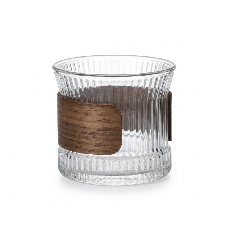 Szklanka ryflowana z opaską z drewna orzecha, 170 lub 300 ml - wariant 170 ml z opaską