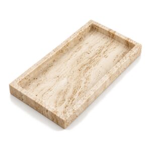 Taca dekoracyjna z naturalnego kamienia 26 x 13 cm, prostokątna - beżowa taca z kamienia (wariant A) na białym tle