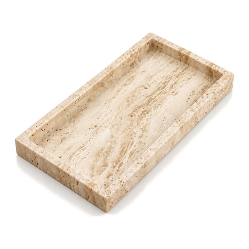 Taca dekoracyjna z naturalnego kamienia 26 x 13 cm, prostokątna - beżowa taca z kamienia (wariant A) na białym tle