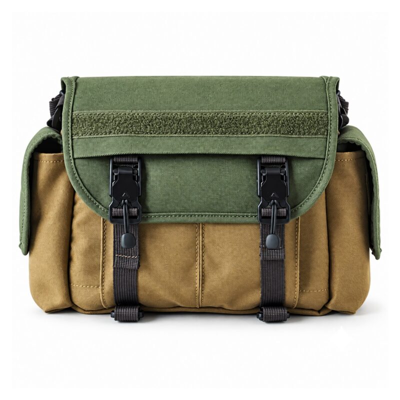 Torba na aparat bezlusterkowy z klapą na rzep, płótno, 34 x 17 x 18 cm - wariant khaki z zieloną klapą