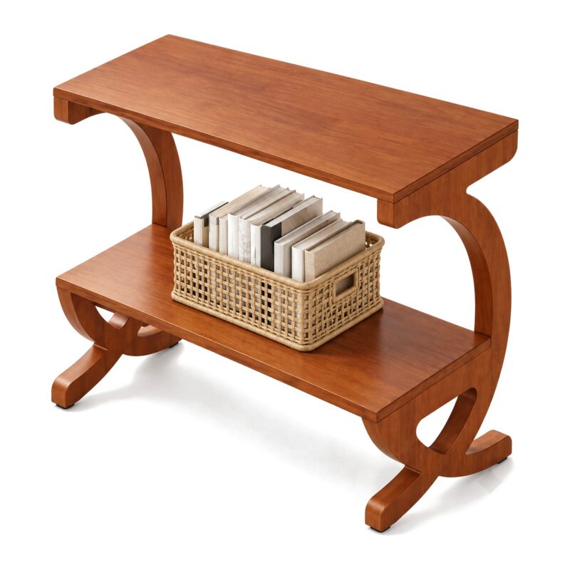 Stolik boczny wąski 30 cm z 2 półkami, drewno, styl mid-century, orzech - sam stolik z koszykiem na półce na białym tle, bez miniatur, ikon i napisów