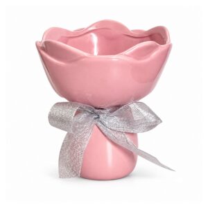 Wazon ceramiczny bukiet z wstążką 15 cm, falisty brzeg, 5 kolorów - wariant różowy