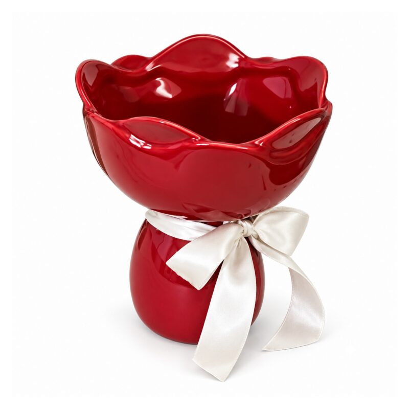 Wazon ceramiczny bukiet z wstążką 15 cm, falisty brzeg, 5 kolorów - wariant czerwony