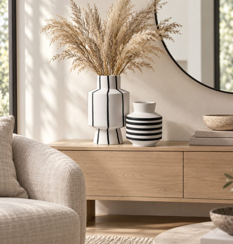 Wazon ceramiczny czarno-biały w paski 19 lub 32 cm, matowy - minimalistyczny salon, oba wazony na dębowej konsoli z trawą pampasową