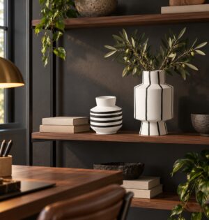 Wazon ceramiczny czarno-biały w paski 19 lub 32 cm, matowy - nowoczesne biuro domowe, wazony na orzechowej półce