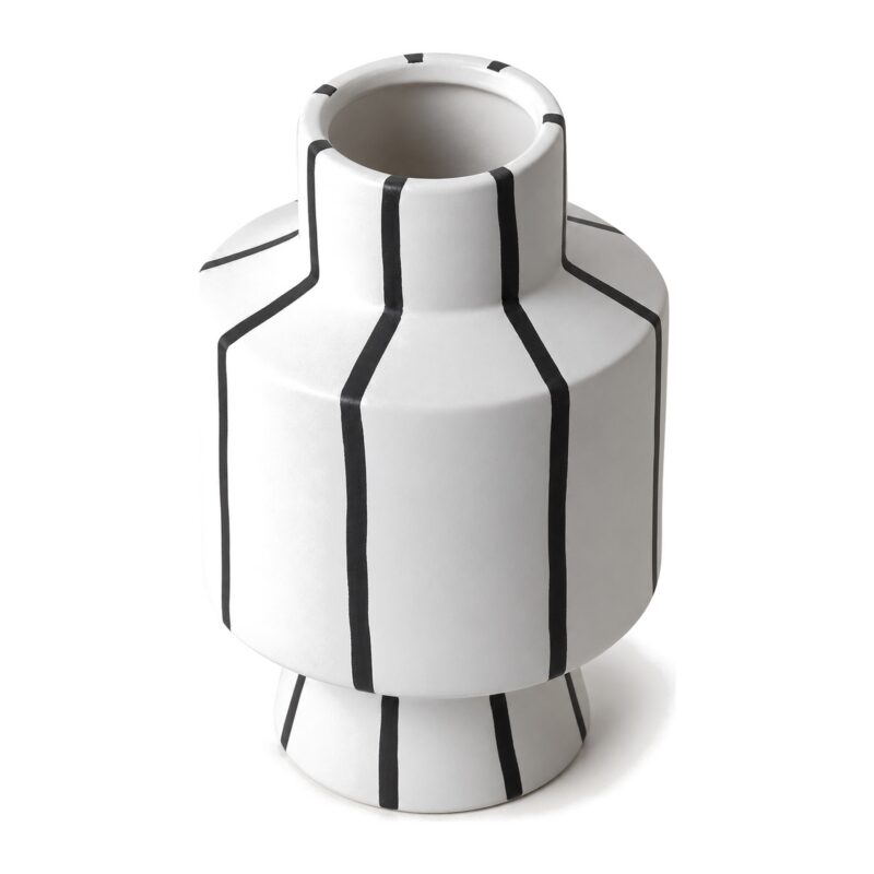 Wazon ceramiczny czarno-biały w paski 19 lub 32 cm, matowy - duży wazon z góry pod kątem, malowane pionowe paski