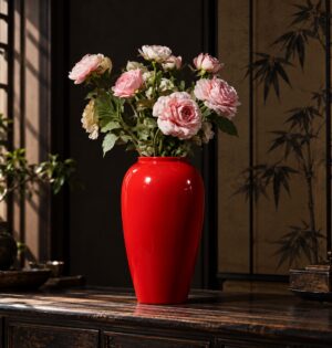 Wazon ceramiczny czerwony 34 cm, wysoki, błyszczące szkliwo - ciemne wnętrze w stylu orientalnym, sam wysoki wazon z różami (bez małego wazonu)