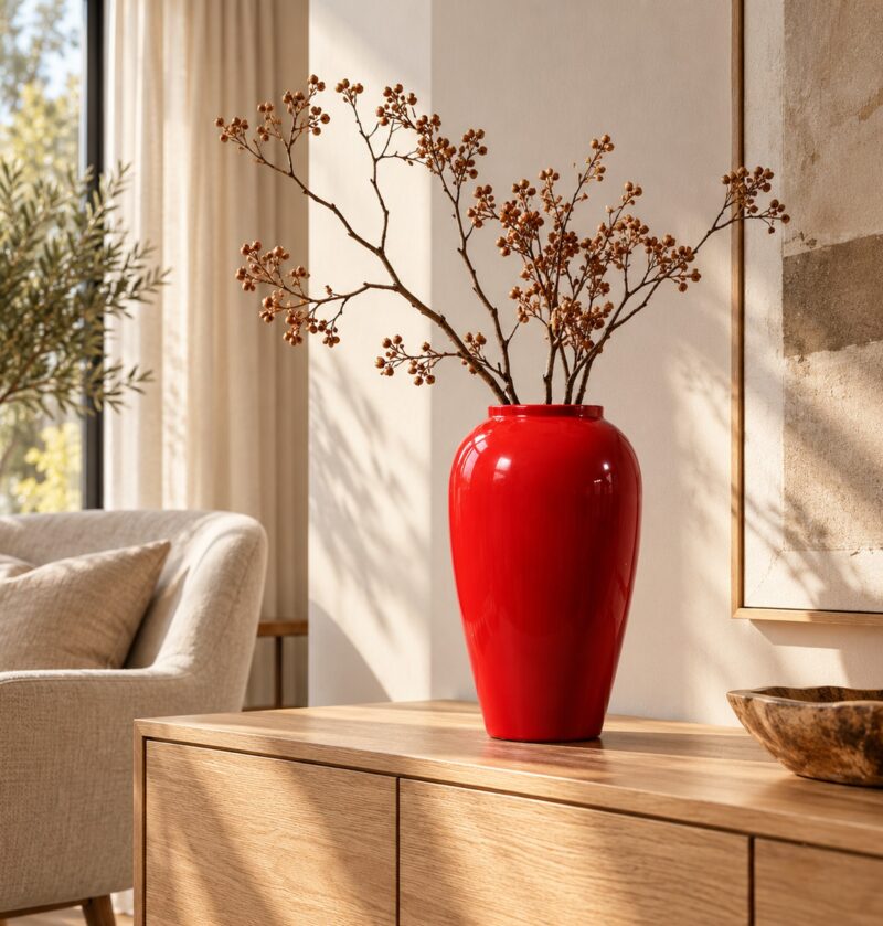 Wazon ceramiczny czerwony 34 cm, wysoki, błyszczące szkliwo - jasny salon skandynawski, wazon z suchymi gałązkami na komodzie