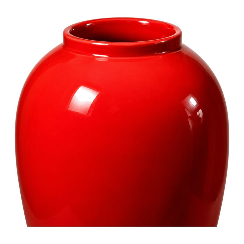 Wazon ceramiczny czerwony 34 cm, wysoki, błyszczące szkliwo - zbliżenie szyjki i błyszczącego szkliwa