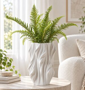 Wazon ceramiczny drukowany 3D, biały, falisty, 23-38 cm - jasny salon, wazon z paprocią