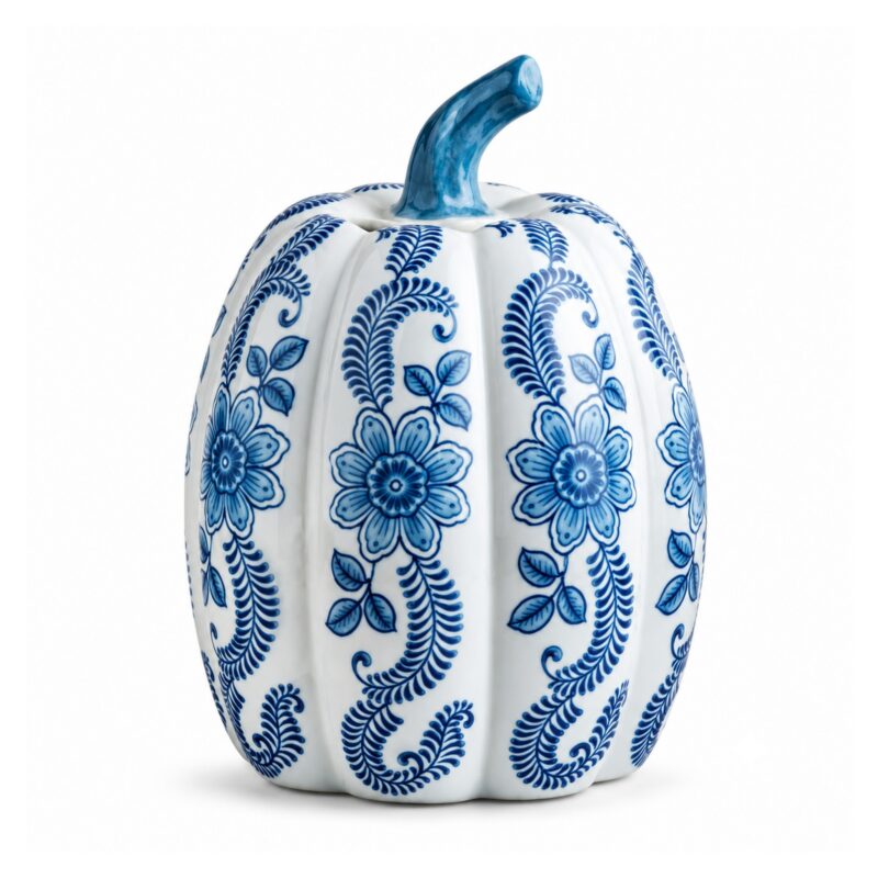 Wazon ceramiczny w kształcie dyni, niebiesko-biały wzór, 3 rozmiary - wariant L - wys. 22 cm