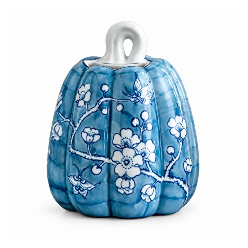 Wazon ceramiczny w kształcie dyni, niebiesko-biały wzór, 3 rozmiary - wariant M - wys. 17,5 cm