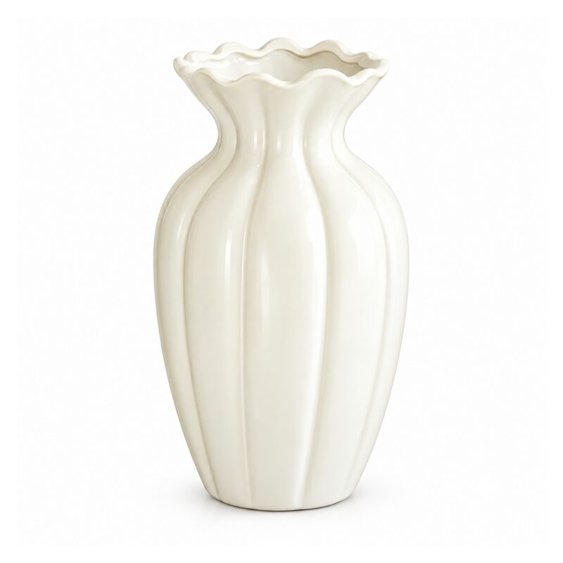 Wazon ceramiczny z falistym brzegiem 15 lub 21 cm, żebrowany, 3 kolory - wariant biały, 21 cm