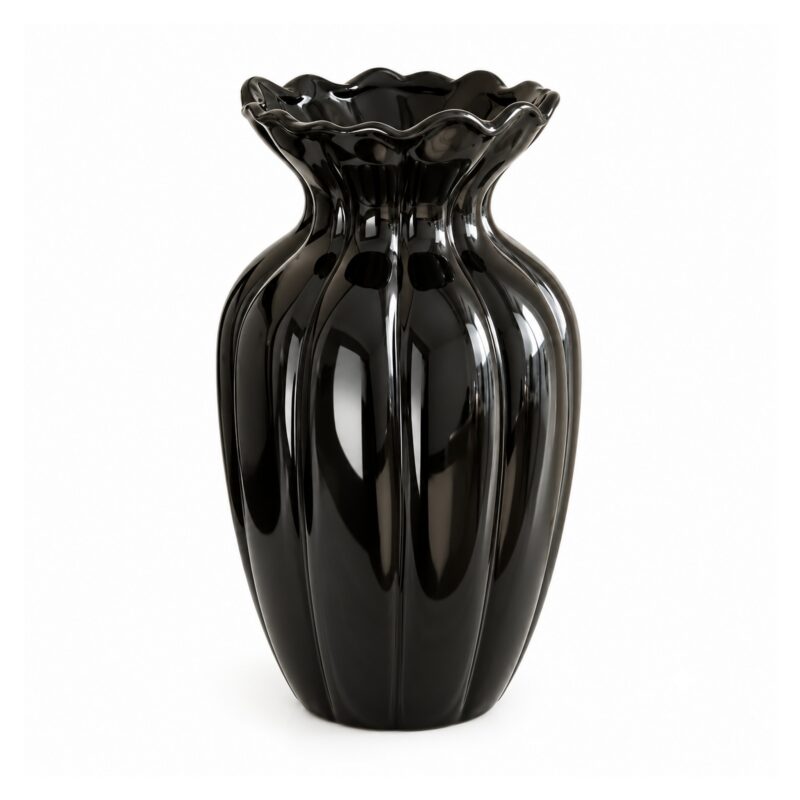 Wazon ceramiczny z falistym brzegiem 15 lub 21 cm, żebrowany, 3 kolory - wariant czarny, 21 cm