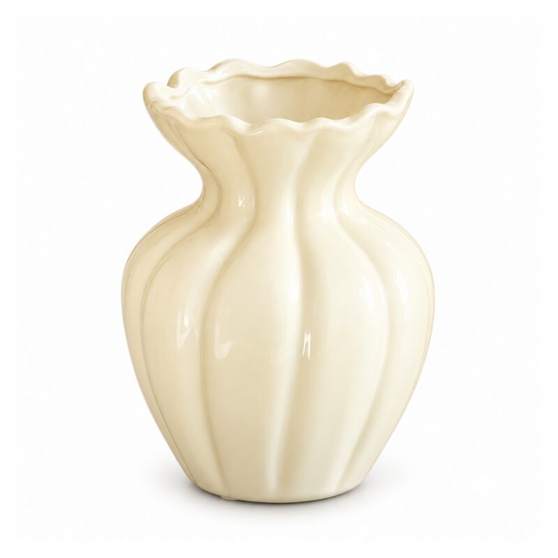 Wazon ceramiczny z falistym brzegiem 15 lub 21 cm, żebrowany, 3 kolory - wariant beżowy, 15 cm