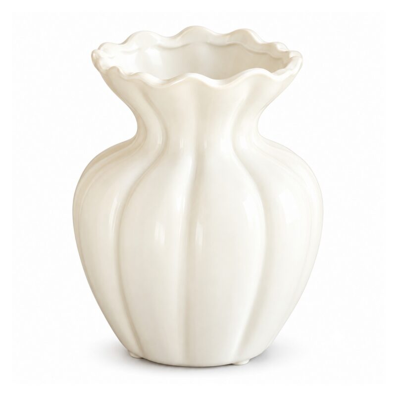 Wazon ceramiczny z falistym brzegiem 15 lub 21 cm, żebrowany, 3 kolory - wariant biały, 15 cm