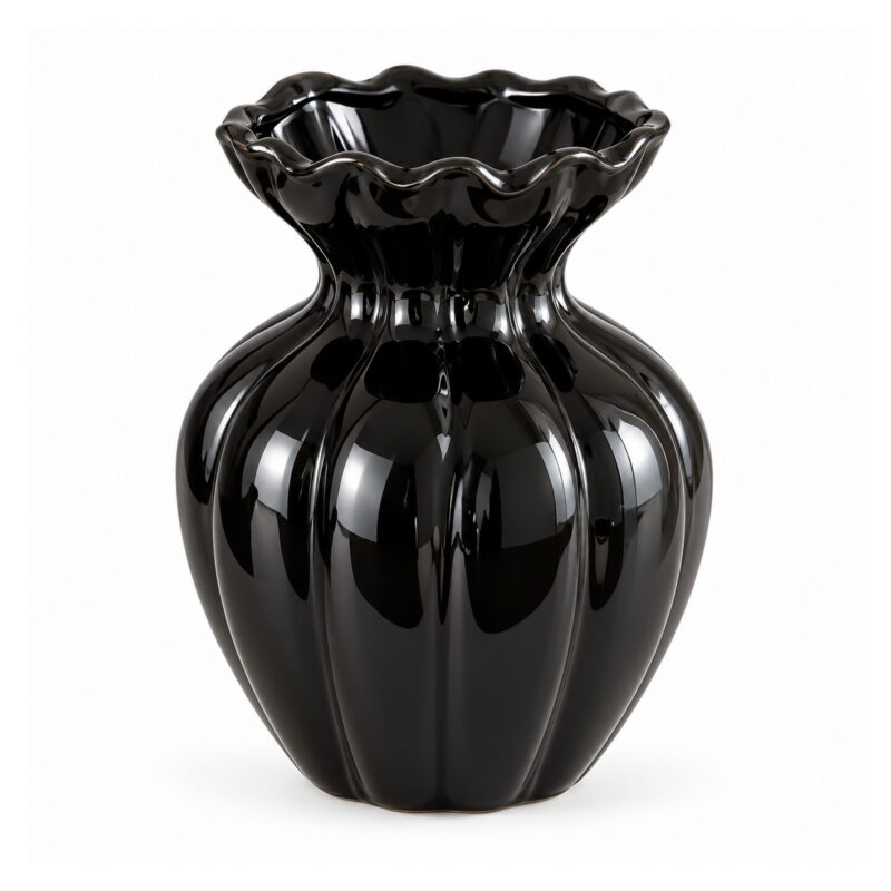 Wazon ceramiczny z falistym brzegiem 15 lub 21 cm, żebrowany, 3 kolory - wariant czarny, 15 cm