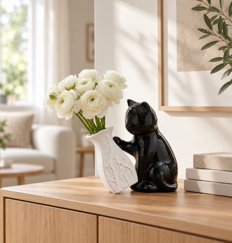 Wazon ceramiczny z figurką czarnego kota, 23 x 19 cm, biało-czarny - skandynawski salon, komoda z książkami, białe jaskry