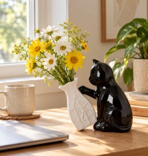 Wazon ceramiczny z figurką czarnego kota, 23 x 19 cm, biało-czarny - domowe biurko przy oknie, stokrotki