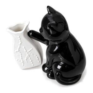 Wazon ceramiczny z figurką czarnego kota, 23 x 19 cm, biało-czarny - kot z wazonikiem z góry, widoczny otwór wazonika