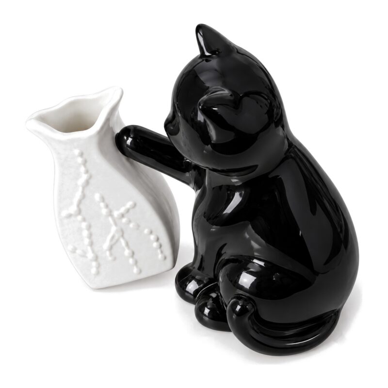 Wazon ceramiczny z figurką czarnego kota, 23 x 19 cm, biało-czarny - kot z wazonikiem z góry, widoczny otwór wazonika