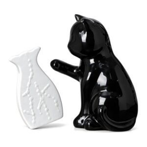 Wazon ceramiczny z figurką czarnego kota, 23 x 19 cm, biało-czarny - figurka kota i wyjęty wazonik obok siebie