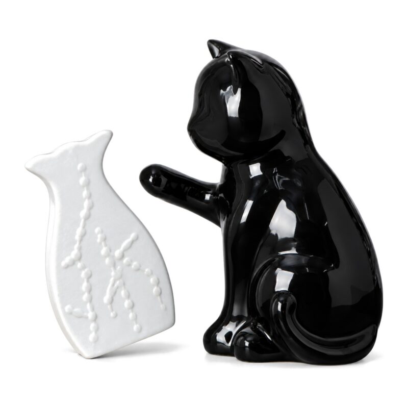 Wazon ceramiczny z figurką czarnego kota, 23 x 19 cm, biało-czarny - figurka kota i wyjęty wazonik obok siebie