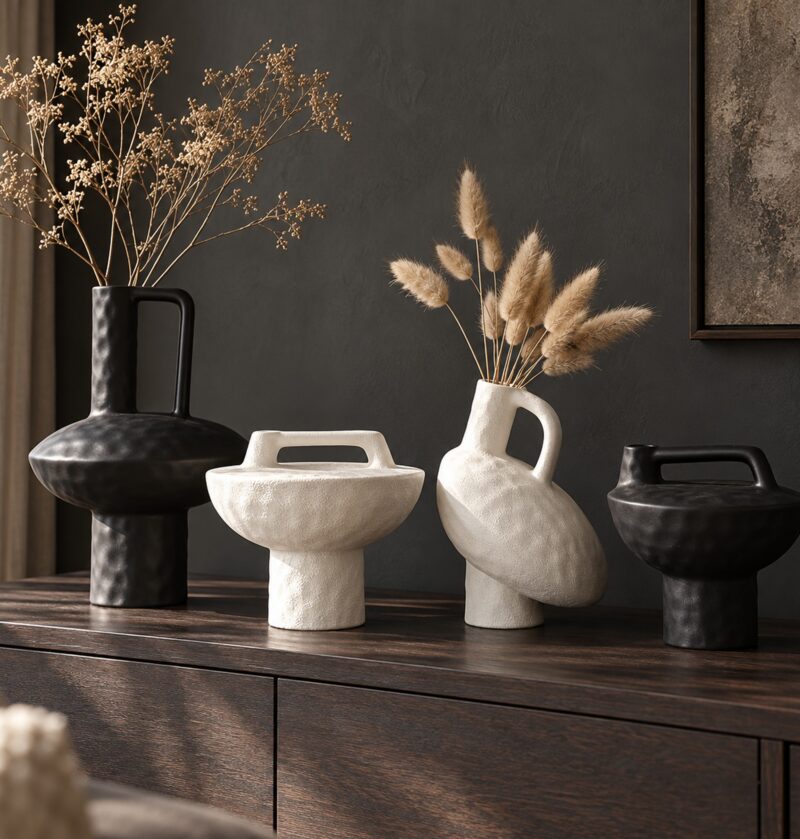 Wazon ceramiczny geometryczny z uchem, czarny lub biały, 20-30 cm - nowoczesna komoda w grafitowym salonie, zestaw czarnych i białych wazonów