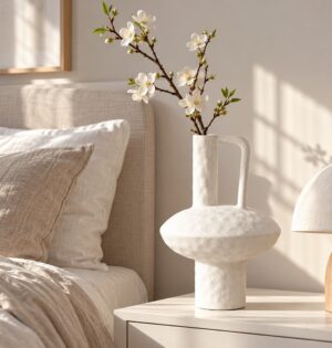 Wazon ceramiczny geometryczny z uchem, czarny lub biały, 20-30 cm - skandynawska sypialnia, biały wysoki wazon z gałązką