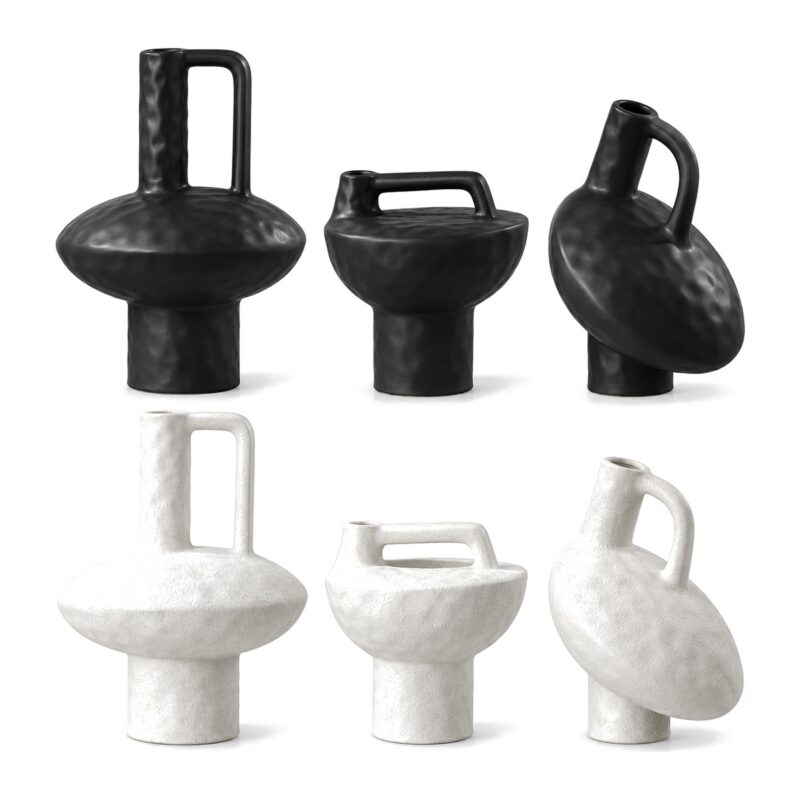 Wazon ceramiczny geometryczny z uchem, czarny lub biały, 20-30 cm - sześć wariantów: trzy kształty w czerni i bieli