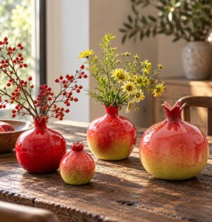 Wazon ceramiczny granat, mały wazonik na kwiaty, 8, 12 lub 16 cm - drewniany stół, trzy wazony z gałązkami, bez napisu w rogu