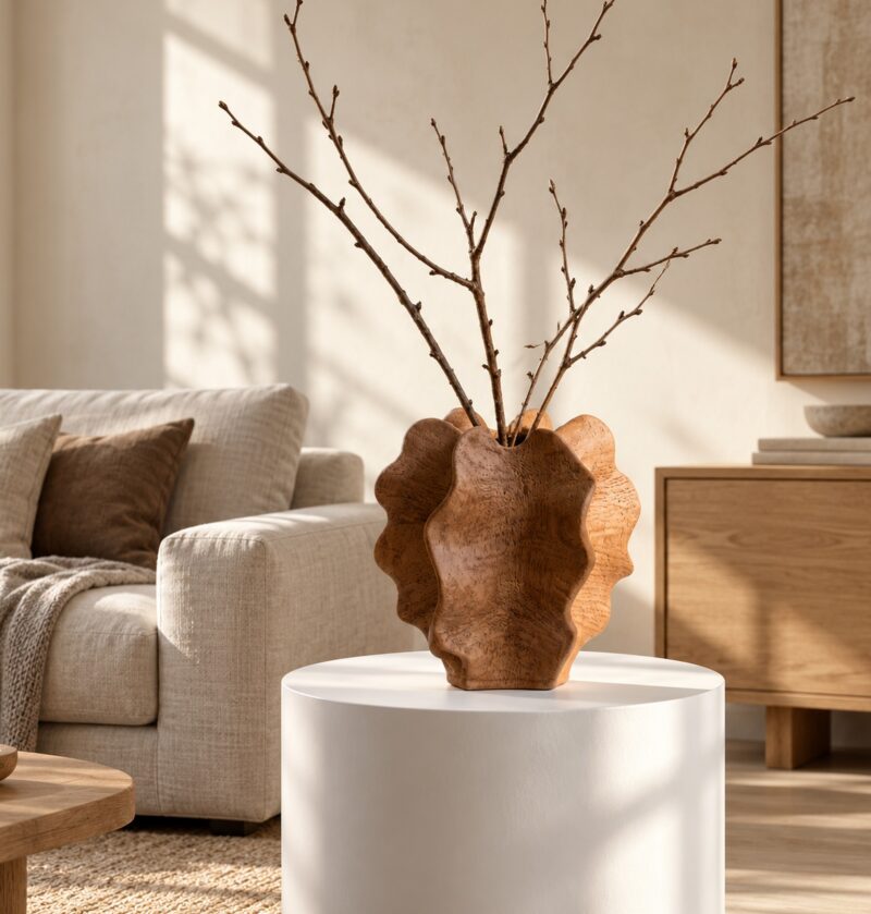 Wazon ceramiczny imitujący drewno 38 cm, falisty, rustykalny, brązowy - salon japandi, wazon z gałęziami na białym postumencie
