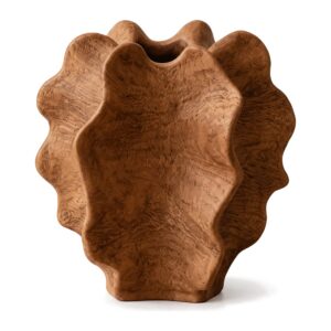 Wazon ceramiczny imitujący drewno 38 cm, falisty, rustykalny, brązowy - zdjęcie główne