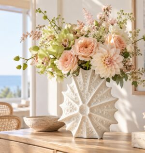 Wazon ceramiczny jeżowiec morski, płaski, biały lub czarny, 11-24 cm - jasna jadalnia w stylu nadmorskim, biały wazon z pastelowym bukietem na drewnianej komodzie