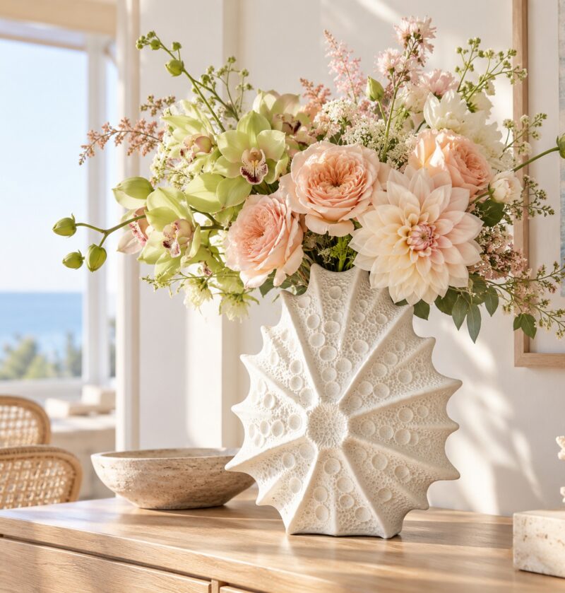 Wazon ceramiczny jeżowiec morski, płaski, biały lub czarny, 11-24 cm - jasna jadalnia w stylu nadmorskim, biały wazon z pastelowym bukietem na drewnianej komodzie