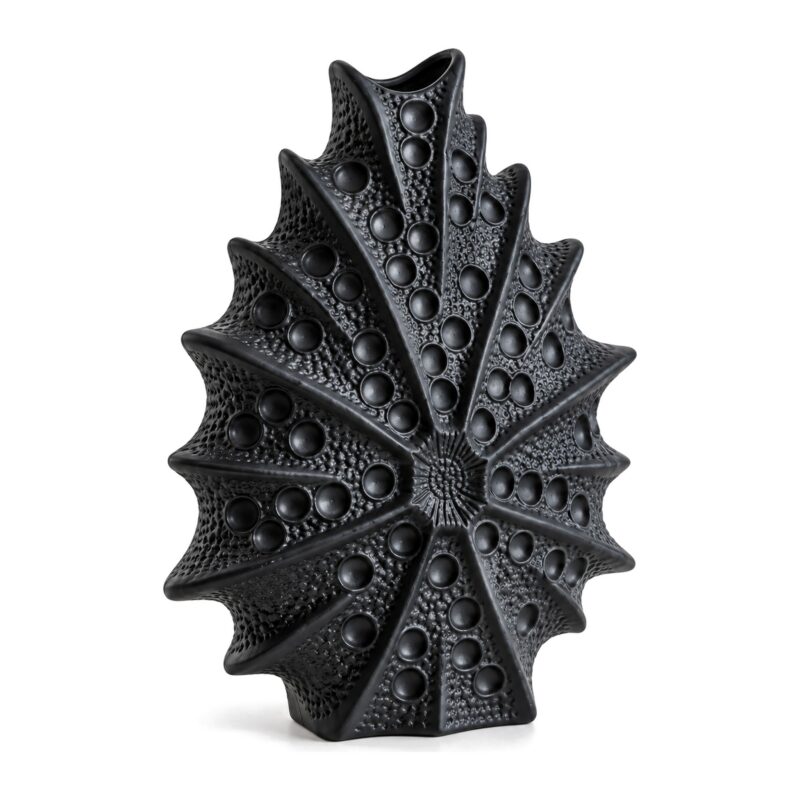 Wazon ceramiczny jeżowiec morski, płaski, biały lub czarny, 11-24 cm - duży czarny wazon jeżowiec, widok 3/4