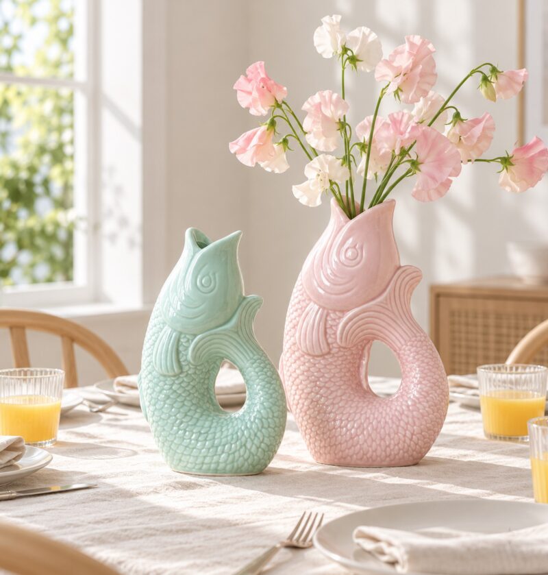 Wazon ceramiczny w kształcie karpia, szkliwiony, 26,5 lub 31,5 cm - jasna jadalnia, miętowy i różowy wazon na stole