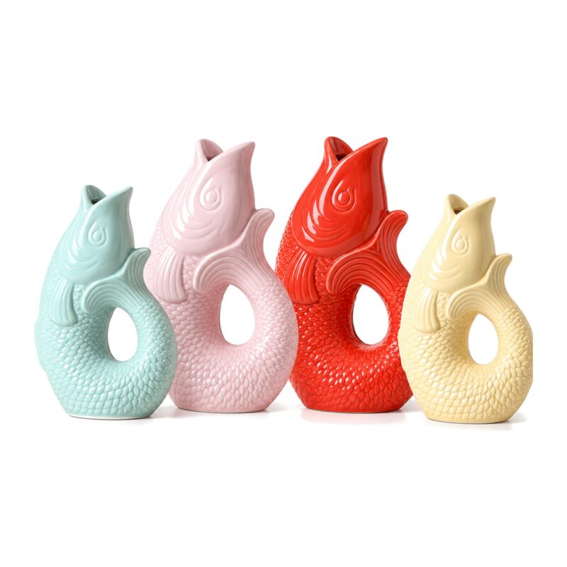 Wazon ceramiczny w kształcie karpia, szkliwiony, 26,5 lub 31,5 cm - cztery kolory obok siebie: miętowy, różowy, czerwony, żółty