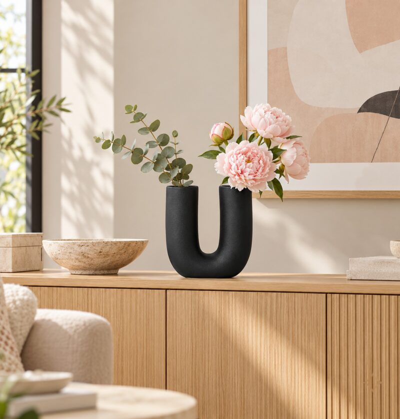 Wazon ceramiczny w kształcie litery U 18,5 cm, biały lub czarny - jasny salon, czarny wazon z piwoniami na dębowej komodzie