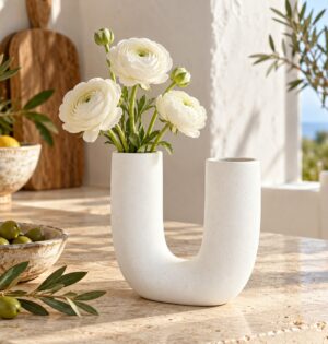 Wazon ceramiczny w kształcie litery U 18,5 cm, biały lub czarny - śródziemnomorska kuchnia, biały wazon z jaskrami na trawertynie