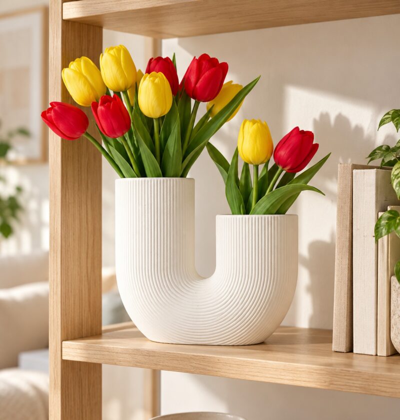 Wazon ceramiczny w kształcie litery U, prążkowany, biały lub różowy - skandynawska półka z tulipanami