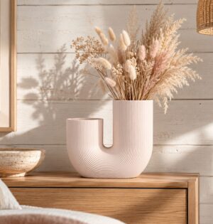 Wazon ceramiczny w kształcie litery U, prążkowany, biały lub różowy - sypialnia japandi, różowy wazon z suchymi trawami