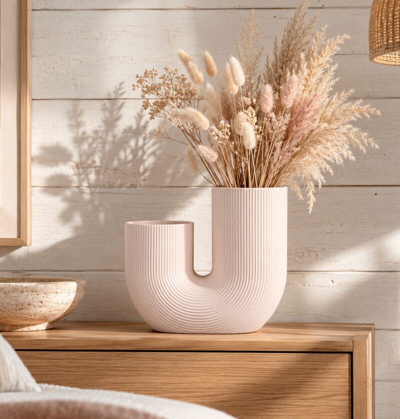 Wazon ceramiczny w kształcie litery U, prążkowany, biały lub różowy - sypialnia japandi, różowy wazon z suchymi trawami