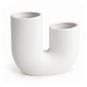 Wazon ceramiczny w kształcie litery U, prążkowany, biały lub różowy - wariant biały, 24 x 21 cm