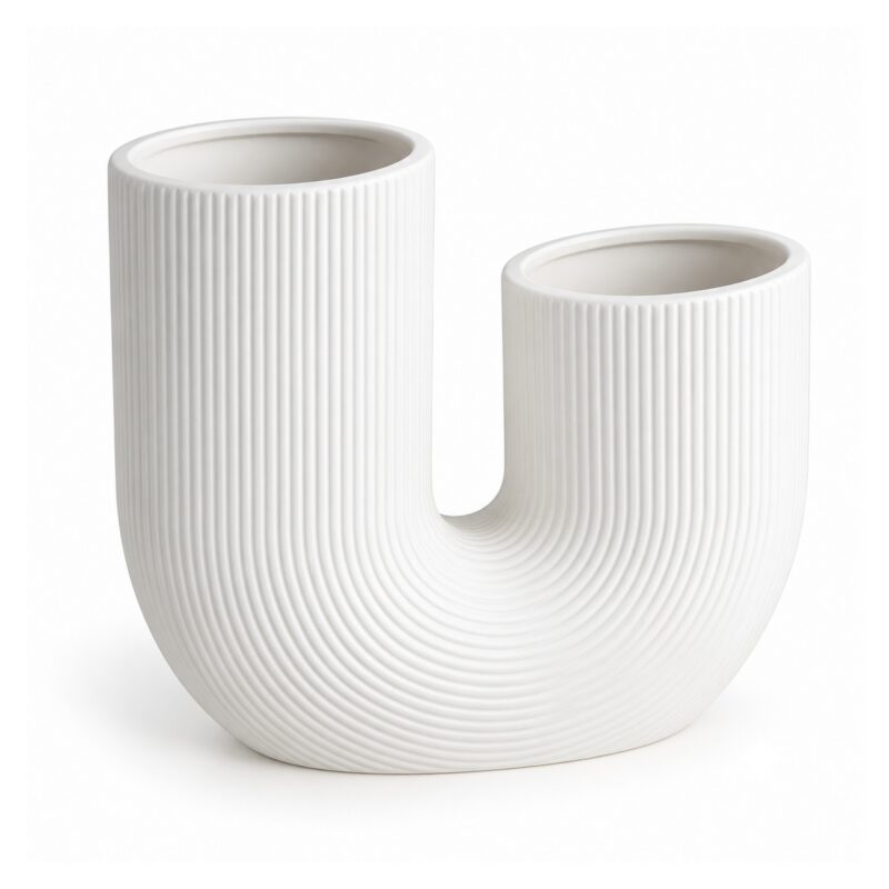 Wazon ceramiczny w kształcie litery U, prążkowany, biały lub różowy - wariant biały, 24 x 21 cm