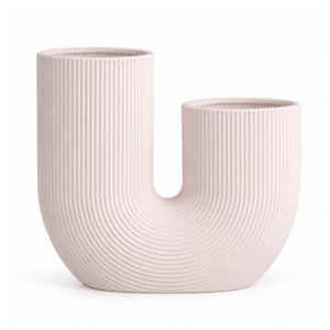 Wazon ceramiczny w kształcie litery U, prążkowany, biały lub różowy - wariant jasnoróżowy, 24 x 21 cm